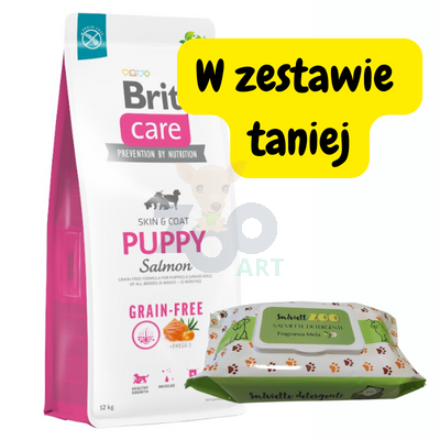 BRIT CARE Dog Grain-free Puppy Salmon 12kg + chusteczki pielęgnacyjne 50szt (o zapachu jabłka)