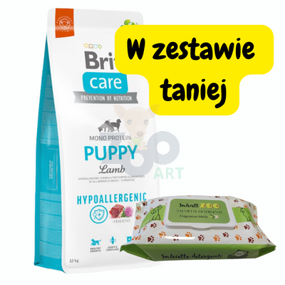 BRIT CARE Hypoallergenic Puppy Lamb 12kg + chusteczki pielęgnacyjne 50szt (o zapachu jabłka)