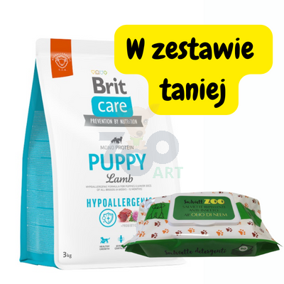 BRIT CARE Hypoallergenic Puppy Lamb 3kg + chusteczki pielęgnacyjne 50szt (z olejem neem)