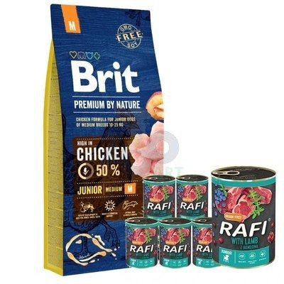 BRIT Premium By Nature Junior M 15kg + Rafi junior z jagnięciną, żurawiną i borówką 6x400g