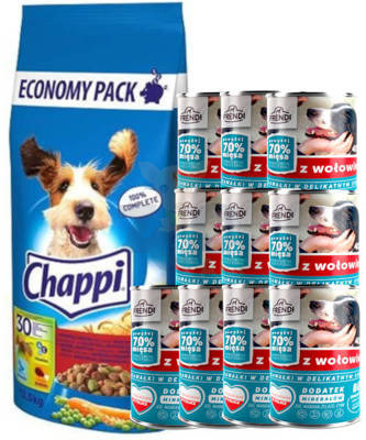 CHAPPI 13,5kg - sucha karma dla psów z wołowiną, drobiem i warzywami + Frendi kawałki  z wołowiną 10x400g