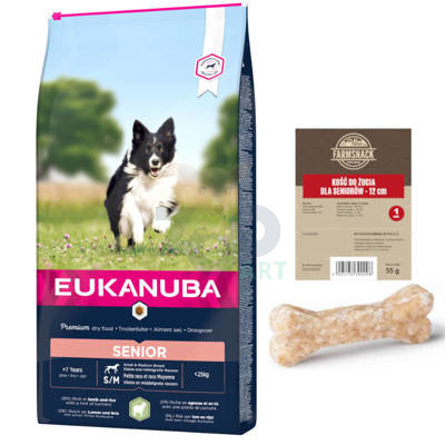 EUKANUBA Mature&Senior Small & Medium Breeds Lamb & Rice 12kg + Kość do żucia dla seniorów 12cm