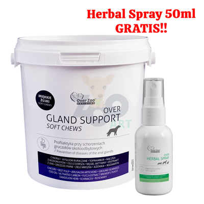 OVER Gland Support soft chews - na gruczoły około odbytowe -  90 żujek + Herbal Spray 50ml GRATIS