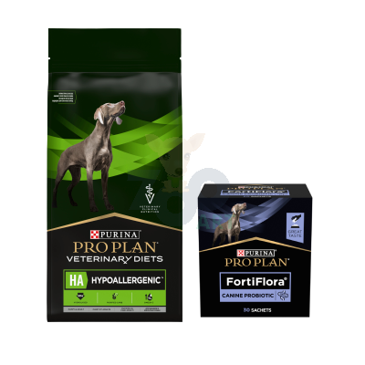 PRO PLAN Veterinary Diets  HA Hypoallergenic Karma sucha dla psa 11kg+ PRO PLAN FortiFlora Suplement probiotyczny dla psa 30 x 1 g