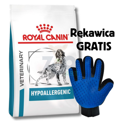 ROYAL CANIN Veterinary Dog Hypoallergenic sucha karma dla dorosłych psów z niepożądanymi reakcjami na pokarm 14 kg + Rękawica do czesania GRATIS!