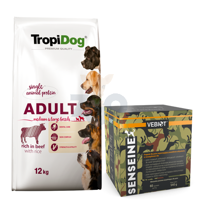 TROPIDOG Premium Adult medium & large breed wołowina z ryżem 12kg + Preparat dla psów wspomagający prawidłowe odżywianie 9g GRATIS