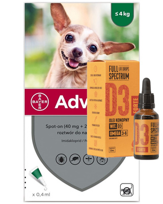 Advantix - dla psów do 4kg (4 pipety x 0,4ml) + olej konopny - witamina D3 Forte 30ml (dla ludzi)