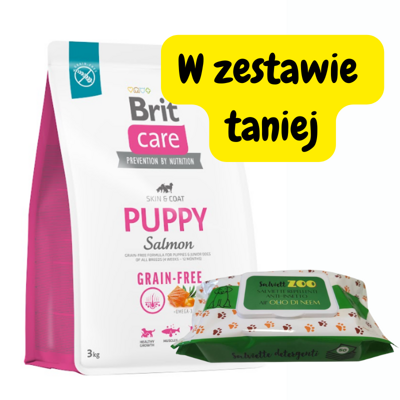 BRIT CARE Dog Grain-free Puppy Salmon 3kg + chusteczki pielęgnacyjne 50szt (z olejem neem)
