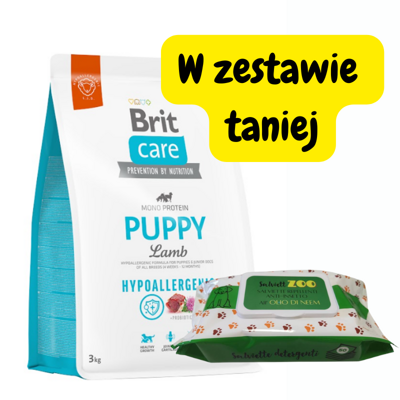 BRIT CARE Hypoallergenic Puppy Lamb 3kg + chusteczki pielęgnacyjne 50szt (z olejem neem)