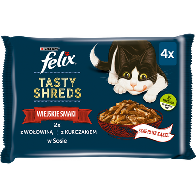 FELIX Tasty Shreds Karma dla dorosłych kotów wiejskie smaki w sosie 4x80g 