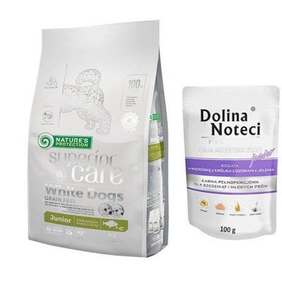 NATURES PROTECTION Superior Care White Dogs Grain Free White Fish Junior Small Breeds 1,5kg + Dolina Noteci JUNIOR 100g