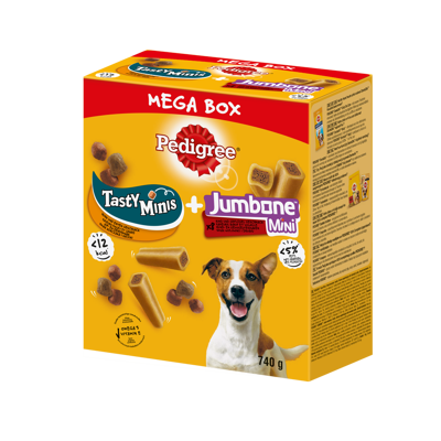 PEDIGREE® Mega Box Tasty Minis i Jumbone™ Mini – przysmak dla dorosłych psów (z Kurczakiem, o smaku Kaczki oraz o Smaku Wołowiny i Drobiu) – 740g