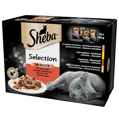 SHEBA saszetka 12x85g Selection in Sauce Soczyste Smaki - mokra karma dla kotów w sosie (z wołowiną, z jagnięciną, z kurczakiem, z indykiem)