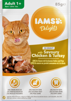IAMS-Naturally karma dla dorosłych kotów, z aromatycznym kurczakiem i indykiem w sosie 85g
