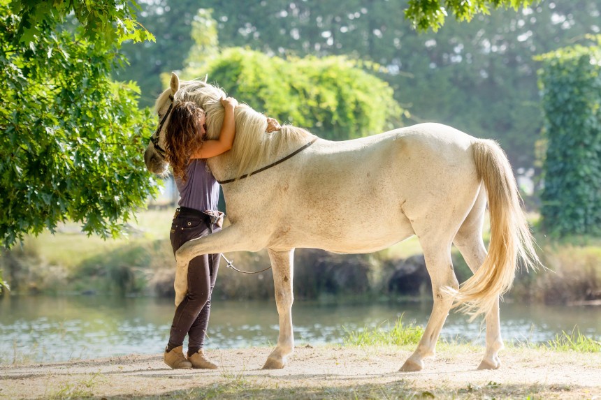 Jak oswoić konia? Dziewczynka przytula konia.