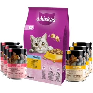 WHISKAS Sterile 14 kg - sucha karma dla dorosłego kota po zabiegu kastracji, z pysznym kurczakiem + Pet Republic steril 6x400g