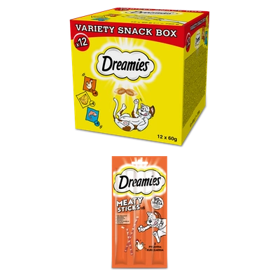 DREAMIES™ Variety Snack Box – karma uzupełniająca dla kotów (z kurczakiem, z serem i o smaku łososia) - 12x60g + DREAMIES 30g – karma uzupełniająca dla dorosłych kotów, z pysznym kurczakiem GRATIS