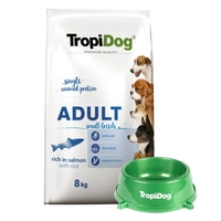 TROPIDOG Premium Adult Small Breeds bogaty w łososia i ryż 8kg + Miska mała GRATIS!!