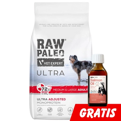 Vetexpert Raw Paleo Ultra Beef Adult Medium/ Large 10kg + Lab-V Olej z Łososia Tłoczony Na Zimno Gratis