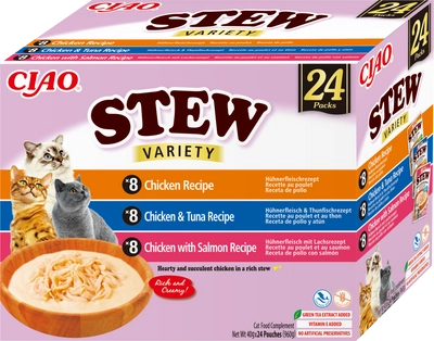 INABA Cat Ciao Stew - karma uzupełniająca dla kota o smaku kurczaka, tuńczyka i łososia 24x40g