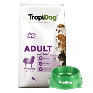 TROPIDOG Premium Adult Small Breeds z jagnięciną i ryżem 8kg + Miska mała GRATIS!!