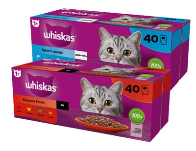 WHISKAS Adult saszetki 40 x 85 g Rybne Przysmaki - mokra karma dla dorosłego kota, w galaretce + WHISKAS Adult saszetki 40 x 85 g Klasyczne Posiłki 