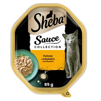 SHEBA Sauce Collection tacka 85 g – mokra karma pełnoporcjowa dla dorosłych kotów, frykasy z indykiem i warzywami, w sosie