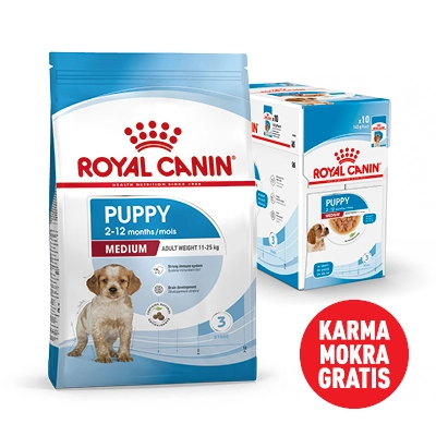 ROYAL CANIN Medium Puppy 15kg karma sucha dla szczeniąt, od 2 do 12 miesiąca, ras średnich+Karma mokra GRATIS!