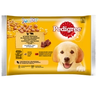 PEDIGREE Junior saszetka 4x100 g - Wybór Smaków z Ryżem w Galaretce, mokra karma pełnoporcjowa dla rosnących psów (kawałki bogate w kurczaka oraz kawałki bogate w mieszankę wołowiny i wątróbki)