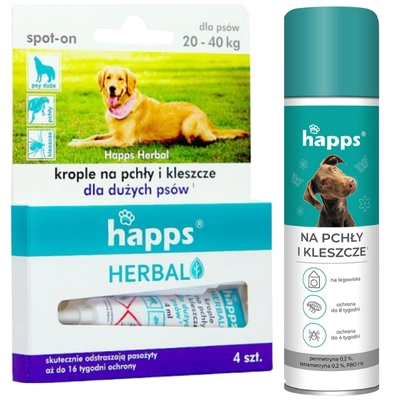 HAPPS Herbal - krople na pchły i kleszcze dla dużych psów 20-40kg + HAPPS -Aerozol na pchły i kleszcze 250ml