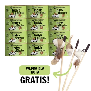 Paka Zwierzaka- karma mokra dla kota Indyk i cielęcina 12x200g + WĘDKA DLA KOTA GRATIS !!!