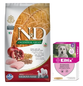 Farmina N&D Ancestral Grain canine CHICKEN & POMEGRANATE ADULT MEDIUM&MAXI  12kg + Kiltix Obroża dla psów dużych dł, 70cm