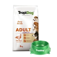 TROPIDOG Premium Adult Small Breeds z kaczką i ryżem 8kg + Miska mała GRATIS!!
