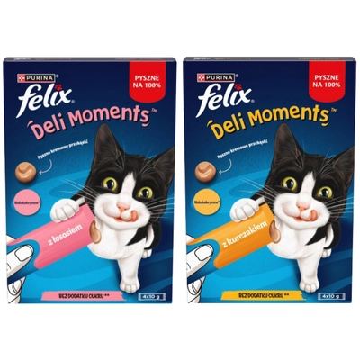 Felix Deli Moments Kremowe przekąski dla kotów z kurczakiem/ z łososiem  2x(4x10g)