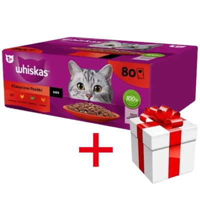 WHISKAS Adult saszetki 80 x 85 g Klasyczne Posiłki - mokra karma dla dorosłego kota, w sosie (kawałki z: wołowiną, kurczakiem, jagnięciną, drobiem) + niespodzianka dla kota GRATIS!!!