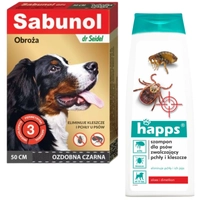 Sabunol - ozdobna czarna obroża przeciw pchłom i kleszczom dla psa 50 cm + HAPPS Szampon dla psów zwalczający pchły i kleszcze 250ml