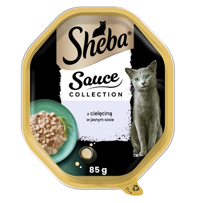 SHEBA Sauce Collection tacka 85g – mokra karma pełnoporcjowa dla dorosłych kotów, kawałki z cielęciną, w sosie