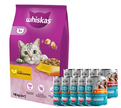 WHISKAS Adult 14 kg - sucha karma dla dorosłego kota, z pysznym kurczakiem + Frendi 10x400g