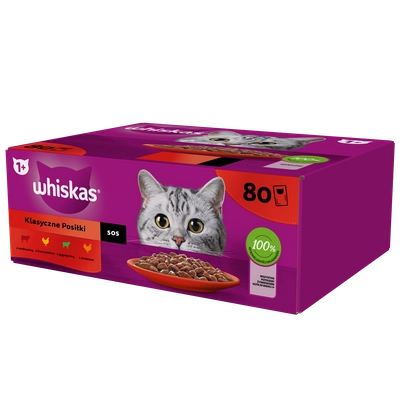 WHISKAS Adult saszetki 80 x 85 g Klasyczne Posiłki - mokra karma dla dorosłego kota, w sosie (kawałki z: wołowiną, kurczakiem, jagnięciną, drobiem)