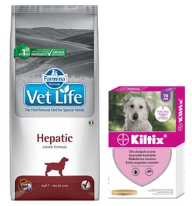 FARMINA Vet Life Dog Hepatic 12kg + Kiltix Obroża dla psów dużych dł, 70cm