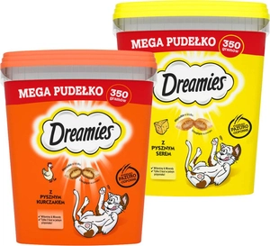 DREAMIES Mega Pudełko 2x350g – karma uzupełniająca dla dorosłych kotów, z pysznym kurczakiem / z pysznym serem