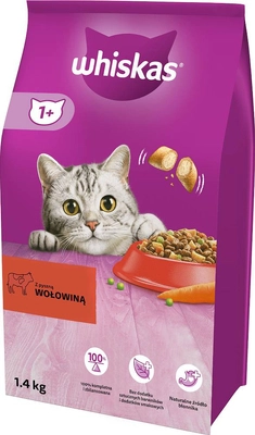 WHISKAS Adult 1,4 kg - sucha karma pełnoporcjowa dla dorosłych kotów, z pyszną wołowiną / Opakowanie uszkodzone (2189)