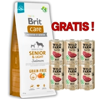 BRIT CARE Dog Grain-free Senior & Light Salmon 12kg + 6x400g WILD FARM Pate Beef