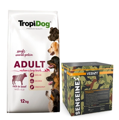 TROPIDOG Premium Adult medium & large breed wołowina z ryżem 12kg + Preparat dla psów wspomagający prawidłowe odżywianie 9g GRATIS