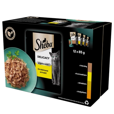 SHEBA Delicacy Drobiowe Smaki saszetki 12x85 g – mokra karma pełnoporcjowa dla dorosłych kotów, w galaretce (kawałki z: kaczką, kurczakiem, drobiem, indykiem)