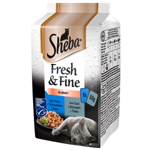 SHEBA saszetka 6x50g Fresh & Fine - mokra karma dla kotów w sosie (z tuńczykiem, z dorszem)