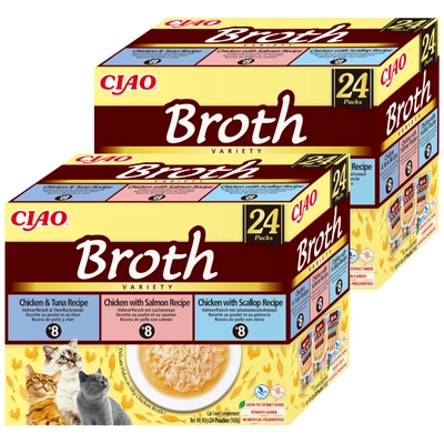 INABA Ciao Broth - karma uzupełniająca dla kota bulion o smaku kurczaka, łososia, tuńczyka i przegrzebek 2x(24x40g)