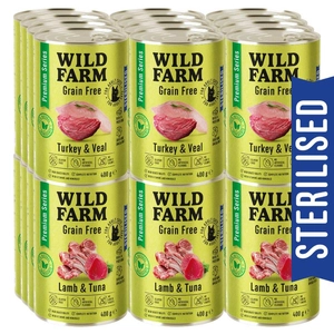 WILD FARM Premium Grain Free Turkey and Veal / Lamb and Tuna 24x400g - bezzbożowa karma dla kota sterylizowanego