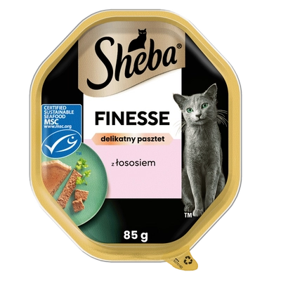 SHEBA Finesse tacka 85 g – mokra karma pełnoporcjowa dla dorosłych kotów, z łososiem, w pasztecie