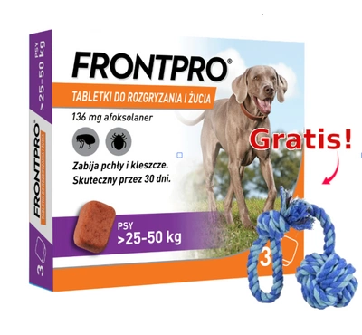  Frontpro tabletki na pchły i kleszcze XL 136mg 25-50kg x 3tabl + Sznur z piłką GRATIS!